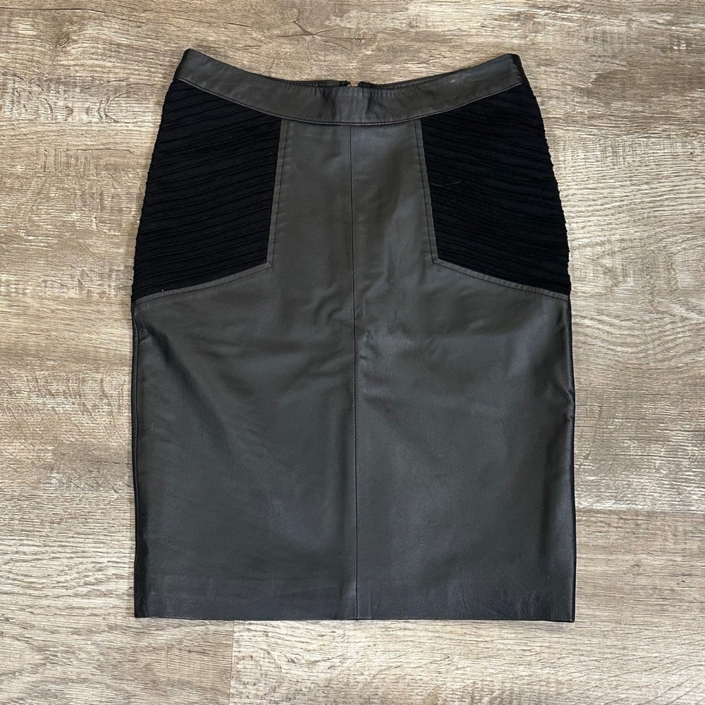 Centre Ville Paris Black Genuine Leather Pencil Skirt Ribbed Panels CV6533 Sz 6